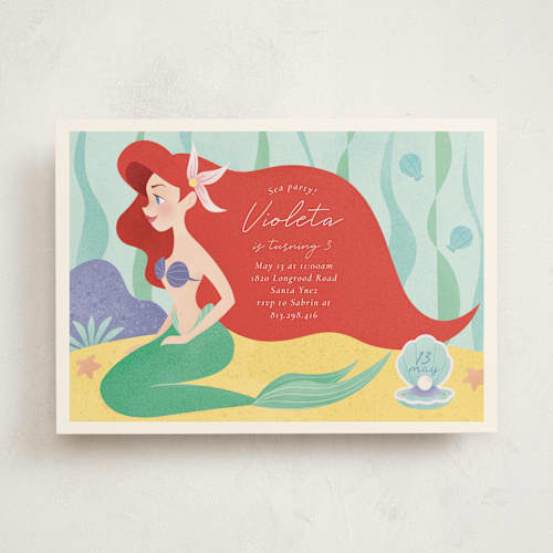 This is a aquamarine kids birthday invitations with standard by Sabrin Deirani called disney's ariel under the sea printing on signature in standard