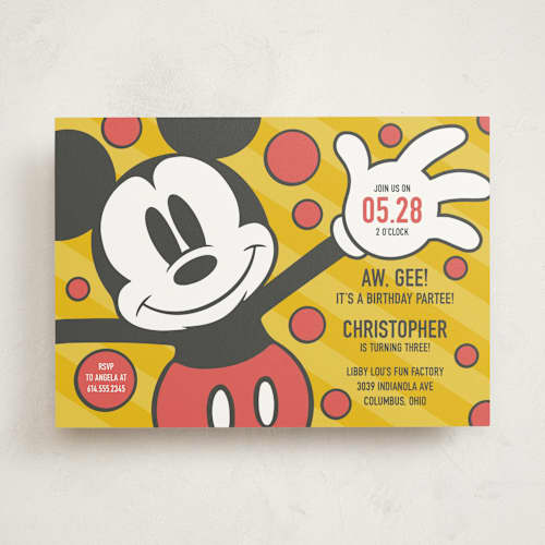 This is a sunshine kids birthday invitations with standard by Heather Schertzer called disney mickey mouse aw, gee! printing on signature in standard