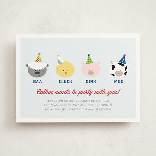This is a sky blue kids birthday invitations with standard by Leslie Ann Jones called barnyard crew printing on signature in standard