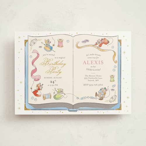 This is a teal kids birthday invitations with standard by Three Wings North called cinderella storybook birthday printing on signature in standard
