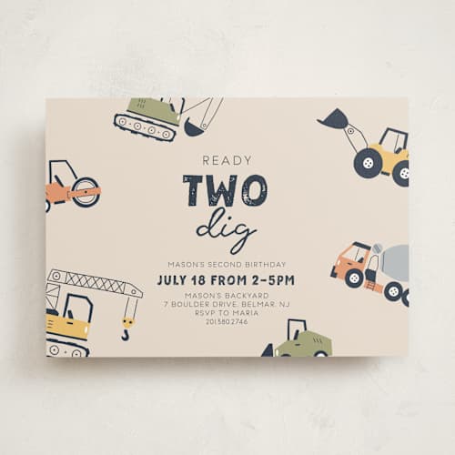 This is a mint kids birthday invitations with standard by Britt called ready two dig printing on signature in standard