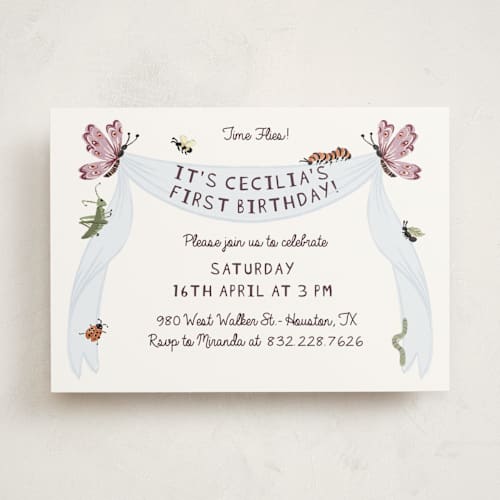 This is a sky kids birthday invitations with standard by Pati Cascino called time flies printing on signature in standard