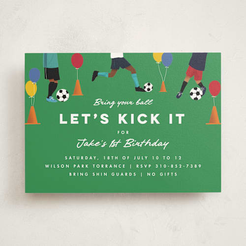 This is a grass kids birthday invitations with standard by Becky Nimoy called kick it soccer ball printing on signature in standard