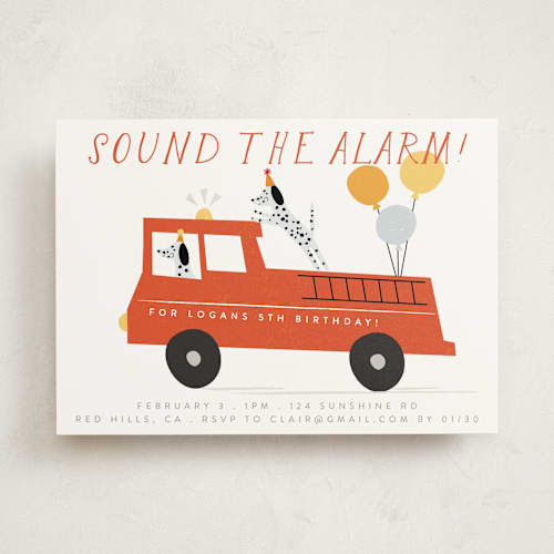 This is a dalmatian kids birthday invitations with standard by Angela Thompson called sound the alarm! printing on signature in standard