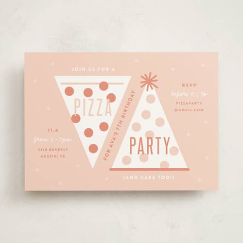 This is a coral kids birthday invitations with standard by Lauren Chism called pizza party hat printing on signature in standard