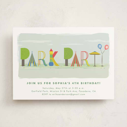 This is a carnival kids birthday invitations with standard by Tatiana Nogueiras called park party printing on signature in standard