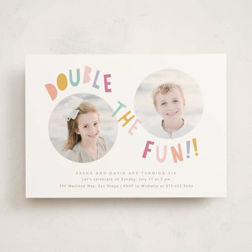 This is a sherbet kids birthday invitations with standard by Creo Study called double the fun printing on signature in standard