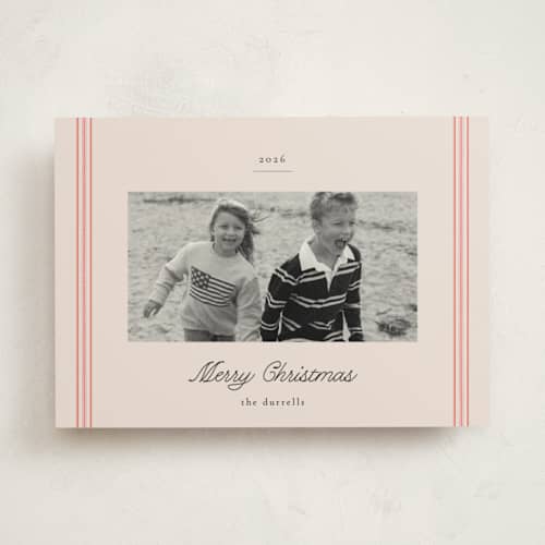 This is a poinsettia photo christmas cards with standard by Olivia Kanaley Inman called ticking stripe printing on signature in standard