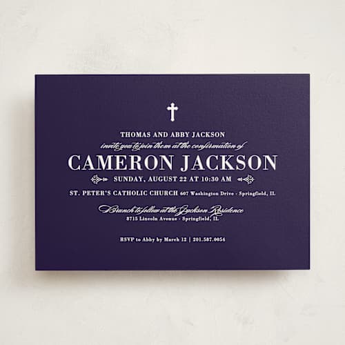 This is a marine confirmation invitations cards with standard by Sarah Brown called veracious printing on signature in standard