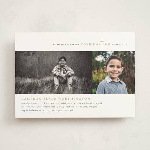 This is a mustard confirmation invitations cards with standard by fatfatin called simple faith printing on signature in standard