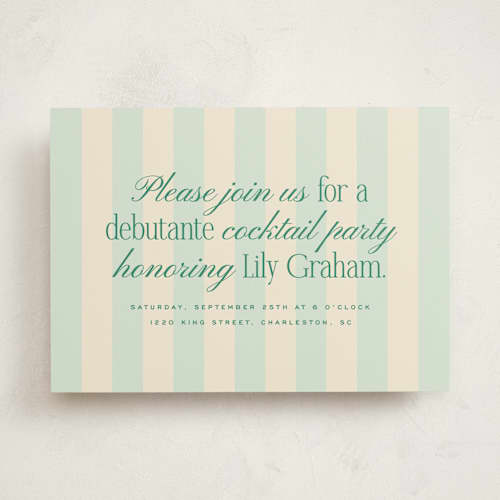 This is a teal debutante party invitations with standard by Ellen Schlegelmilch called debutante stripes printing on signature in standard