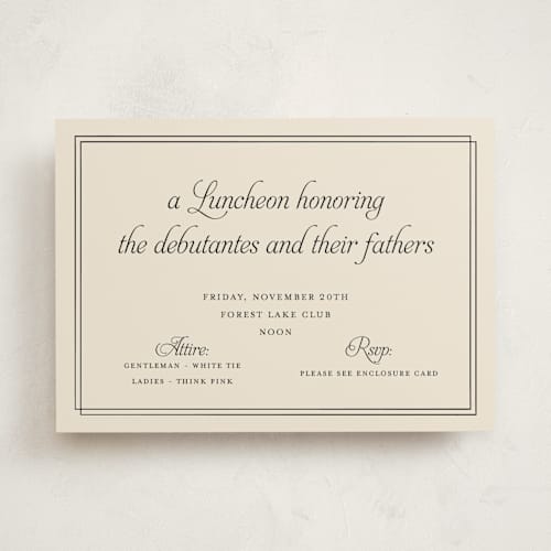 This is a cream debutante party invitations with standard by Ani Somi called calling card printing on signature in standard