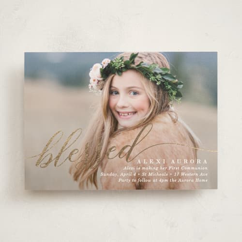 This is a snow confirmation invitations cards with foil pressed by Baumbirdy called blessed overlay printing on signature in standard