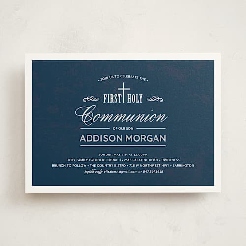 This is a navy communion invitations announcements with standard by Beth Schneider called stately cross printing on signature in standard