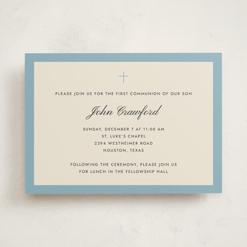 This is a french blue communion invitations announcements with standard by Megan Davis called chapel printing on signature in standard