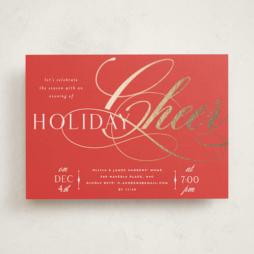 This is a holly berry holiday party invitations with foil pressed by Melanie Kosuge called joy flourish printing on signature in standard