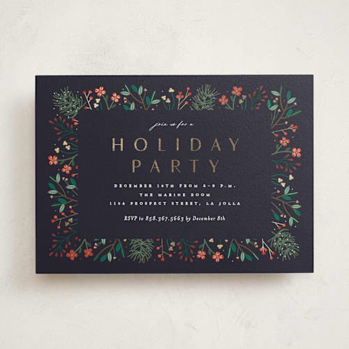 This is a midnight holiday party invitations with foil pressed by Erica Krystek called modern holiday party printing on signature in standard