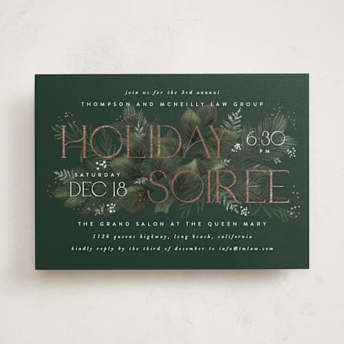 This is a evergreen holiday party invitations with foil pressed by Leah Bisch called tis the season printing on signature in standard