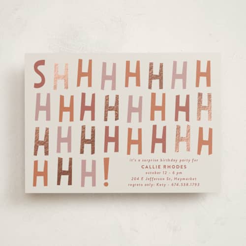 This is a caramel holiday party invitations with foil pressed by Gwen Bedat called shhhhhhhhh printing on signature in standard