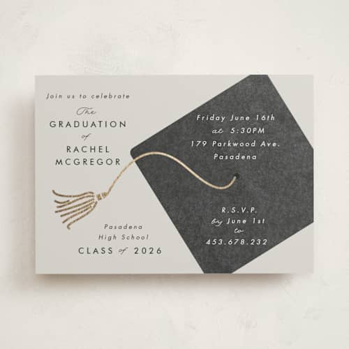 This is a smoke graduation invitations with foil pressed by Catherine Culvenor called shimmering tassel printing on signature in standard