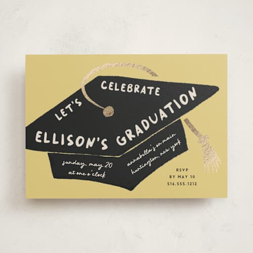 This is a citrus graduation invitations with foil pressed by Kristen Juckiewicz called caps off printing on signature in standard