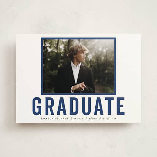 This is a navy graduation announcements with standard by Sara Hicks Malone called jax printing on recycled in photo_mount