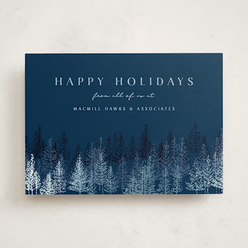 This is a midnight business holiday cards with foil pressed by Kaydi Bishop called pine pointillism printing on signature in standard