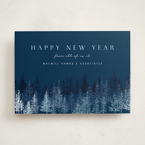 This is a midnight business holiday cards with foil pressed by Kaydi Bishop called pine pointillism printing on signature in standard