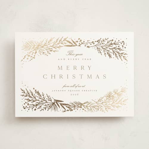 This is a snow business holiday cards with foil pressed by Amy Kross called spread cedars printing on signature in standard