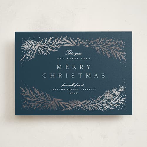 This is a juniper business holiday cards with foil pressed by Amy Kross called spread cedars printing on signature in standard