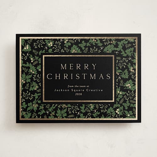 This is a pine business holiday cards with foil pressed by Susan Moyal called happy holiday printing on signature in standard