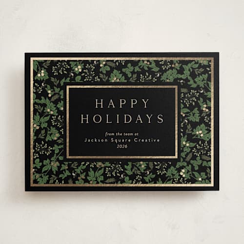 This is a pine business holiday cards with foil pressed by Susan Moyal called happy holiday printing on signature in standard