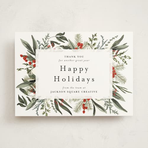 This is a holly berry business holiday cards with standard by Susan Moyal called holiday botanical printing on signature in standard
