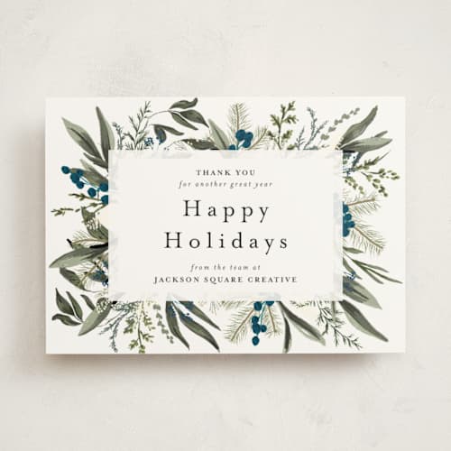 This is a winter berry business holiday cards with standard by Susan Moyal called holiday botanical printing on signature in standard