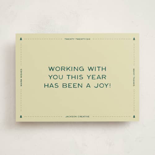 This is a mint business holiday cards with standard by Ellen Schlegelmilch called a joy! printing on signature in standard