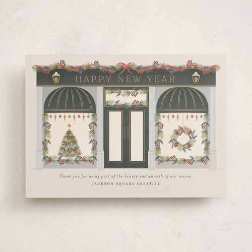 This is a wreath business holiday cards with standard by Ana de Sousa called season’s greetings storefront printing on signature in standard