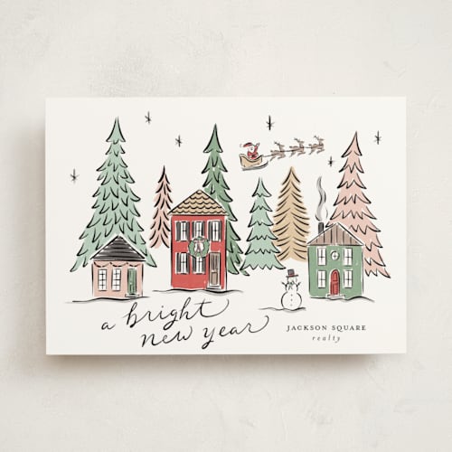 This is a festive business holiday cards with standard by Erin German called winter scene printing on signature in standard