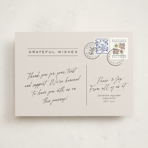 This is a eggnog business holiday cards with standard by Ana de Sousa called postal gratitude printing on signature in standard