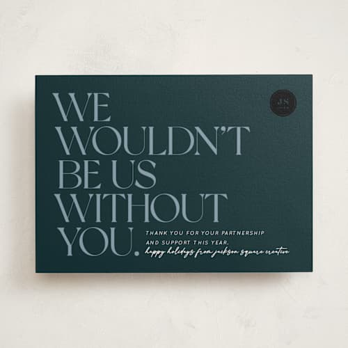 This is a midnight blue business holiday cards with standard by Keen Peachy called wouldn't be us printing on signature in standard