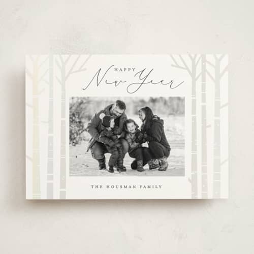This is a lake gloss press holiday cards with gloss press by Brooke Chandler called birch trees printing on signature in standard