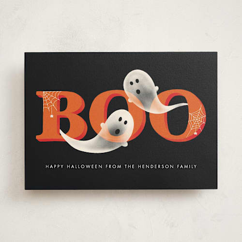 This is a charcoal halloween party invitations cards with standard by Megan Cash called boo! printing on signature in standard