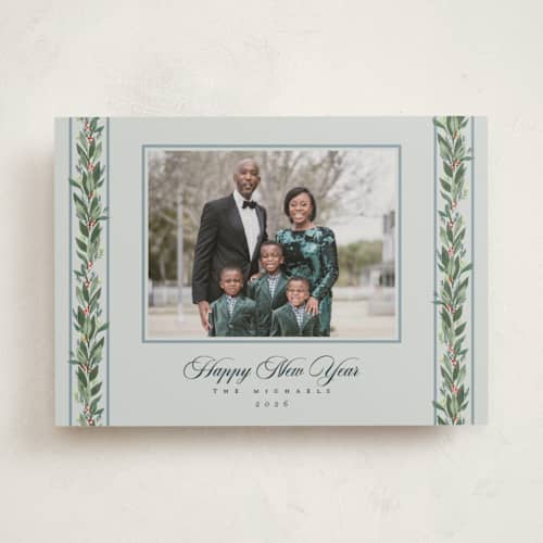 This is a winter sky photo mount holiday cards with standard by Rebecca Durflinger called evergreen garlands printing on recycled in photo_mount
