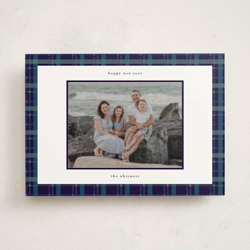 This is a navy photo mount holiday cards with standard by Makewells called plaid peace printing on recycled in photo_mount