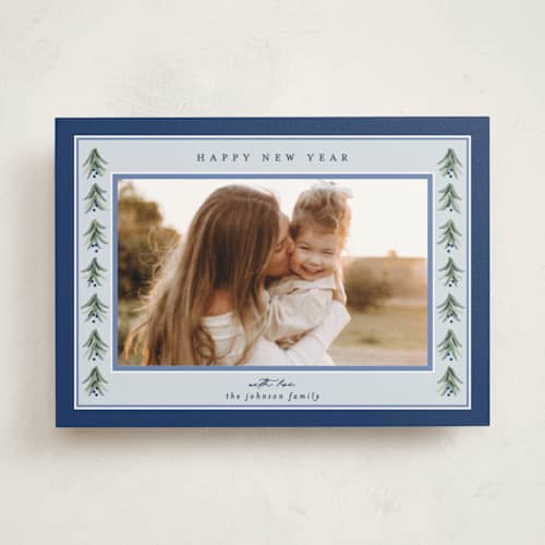 This is a midnight photo mount holiday cards with standard by Ashley Iwafuchi called cozy garland printing on recycled in photo_mount