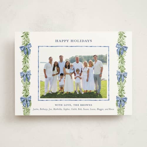 This is a frosted photo mount holiday cards with standard by Sarah Knight called plaid bows printing on recycled in photo_mount