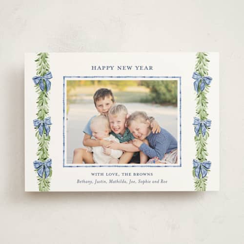 This is a frosted photo mount holiday cards with standard by Sarah Knight called plaid bows printing on recycled in photo_mount