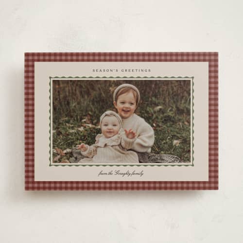 This is a mulled wine photo mount holiday cards with standard by Everett Paper Goods called gingham cloth printing on recycled in photo_mount
