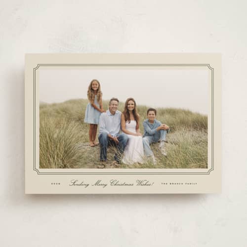 This is a pine needle photo mount holiday cards with standard by Everett Paper Goods called completely classic printing on recycled in photo_mount