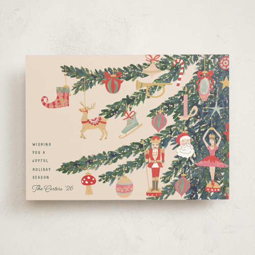This is a champagne foil pressed holiday cards with foil pressed by Teju Reval called fun ornaments printing on signature in standard