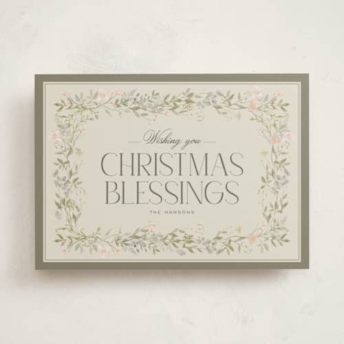 This is a sage non photo holiday cards with standard by lori jacobs wemple called floral frame christmas printing on signature in standard